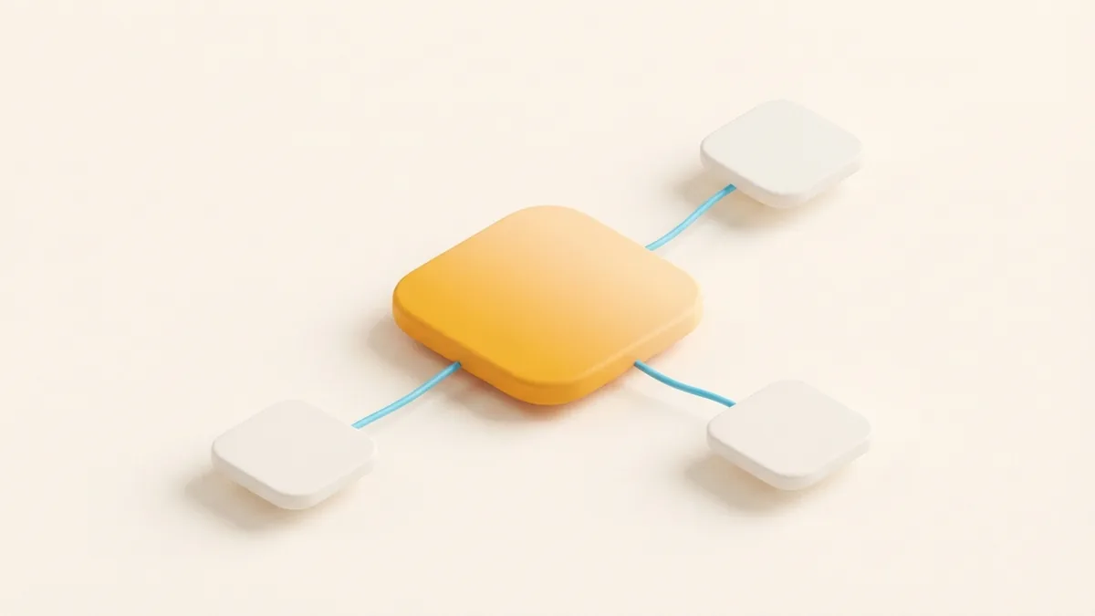 Central hub tile linked to three smaller destination tiles on a light background