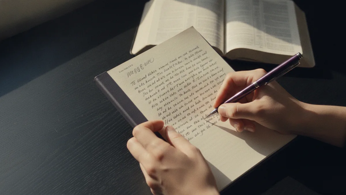 Writing notes beside an open Bible for verse selection