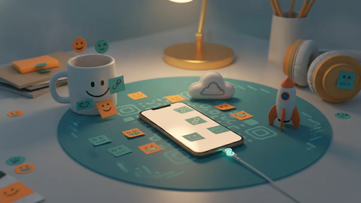 Colorful notes and small playful icons near a phone for fun bio ideas.