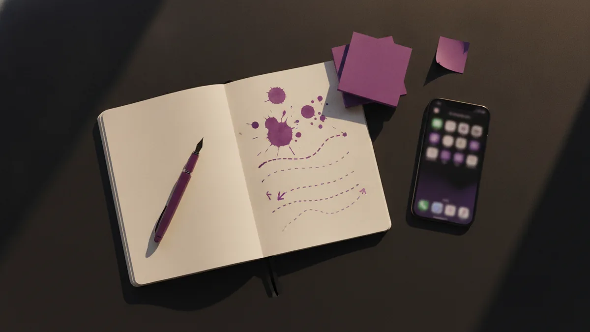 Notebook and pen beside a phone, illustrating bio writing and editing steps