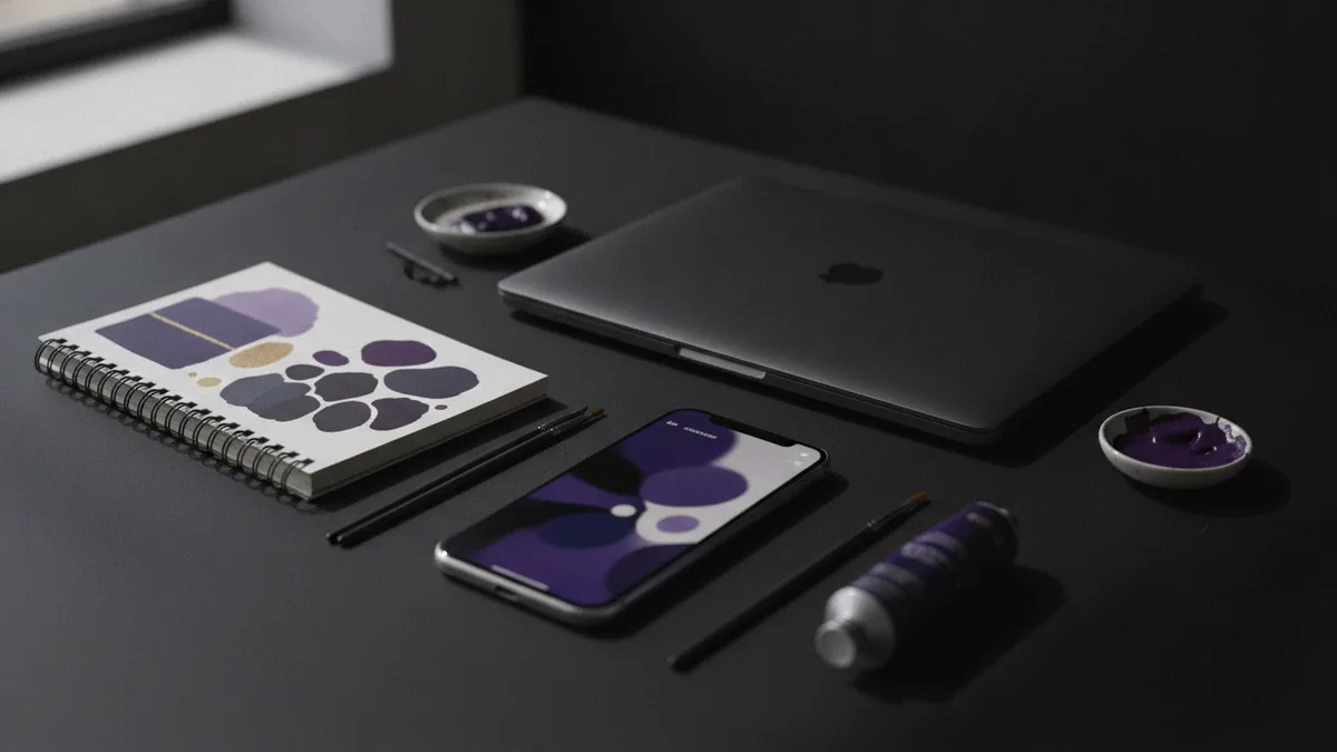 Creative desk with color tools and a phone, showing visual branding direction
