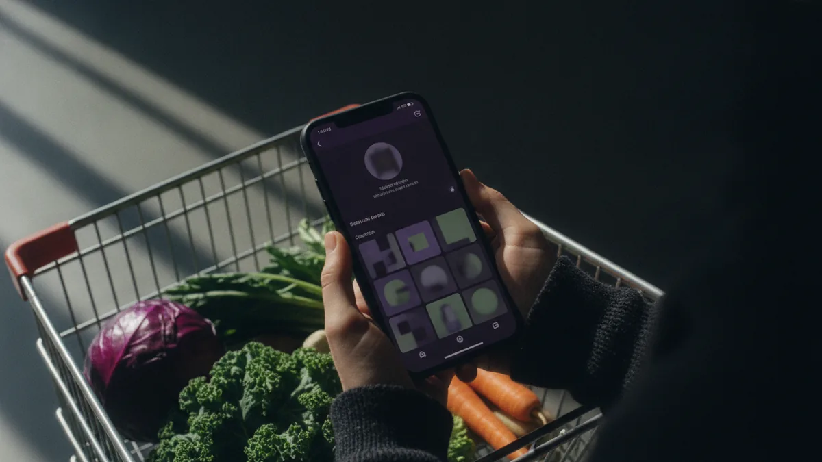 Smartphone held above groceries to suggest building a strong Instagram profile