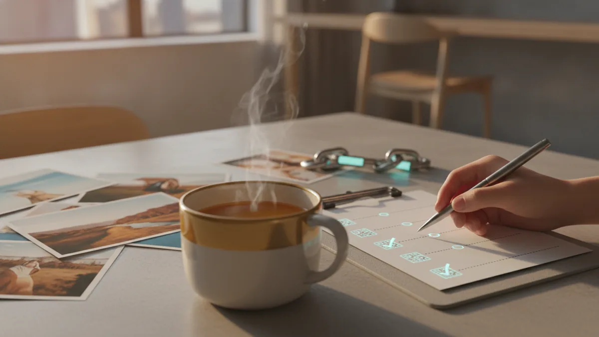Draft and refine your bio Pen and sample images on a desk to refine photographer bio examples.