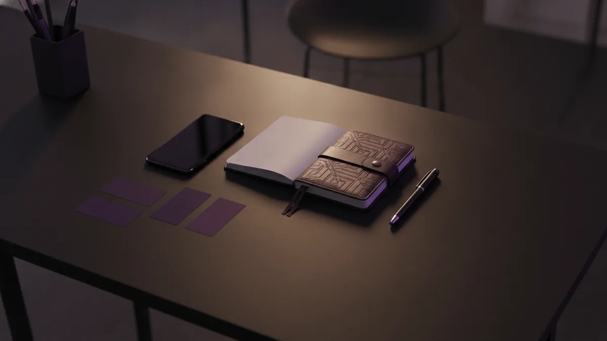 Build the core parts of your bio Notebook and phone beside colorful cards that represent key Instagram bio elements