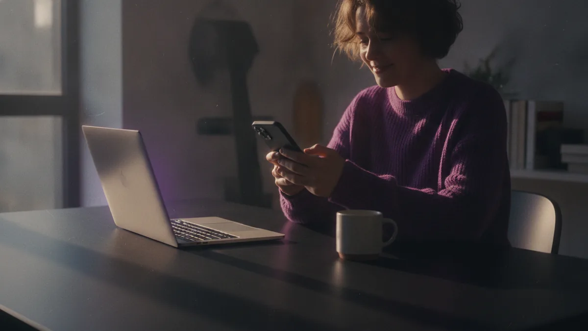 Creator checking a phone in a home office to improve profile clarity