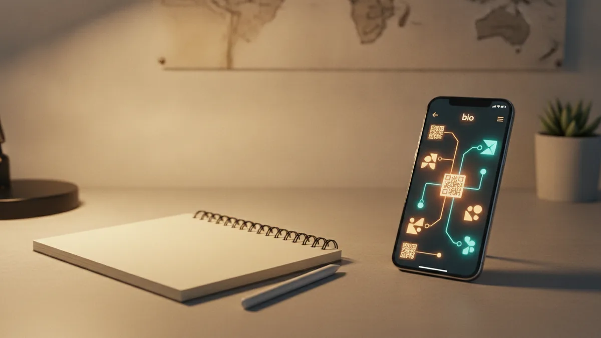 Your bio is self-expression Notebook and smartphone on a desk for planning a personal bio