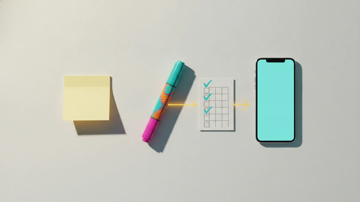 Flat-lay of notes and tools symbolizing clarity, creativity, and action