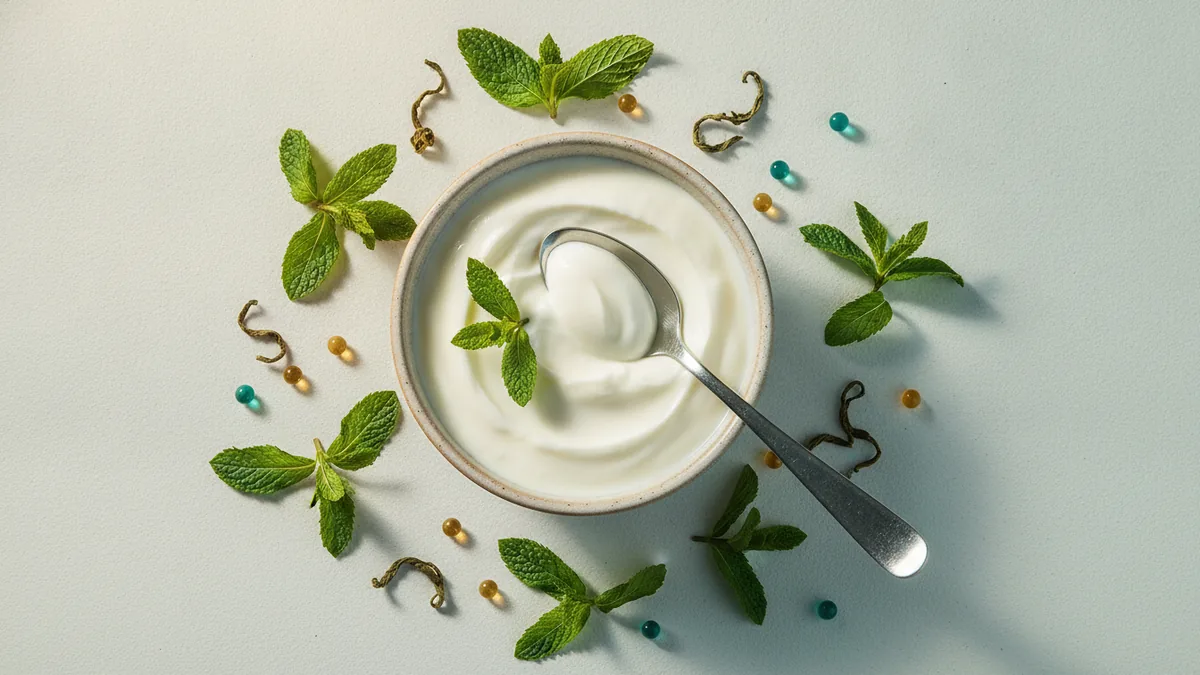 Inside the formula Yogurt and herbal ingredients representing probiotic and herbal components