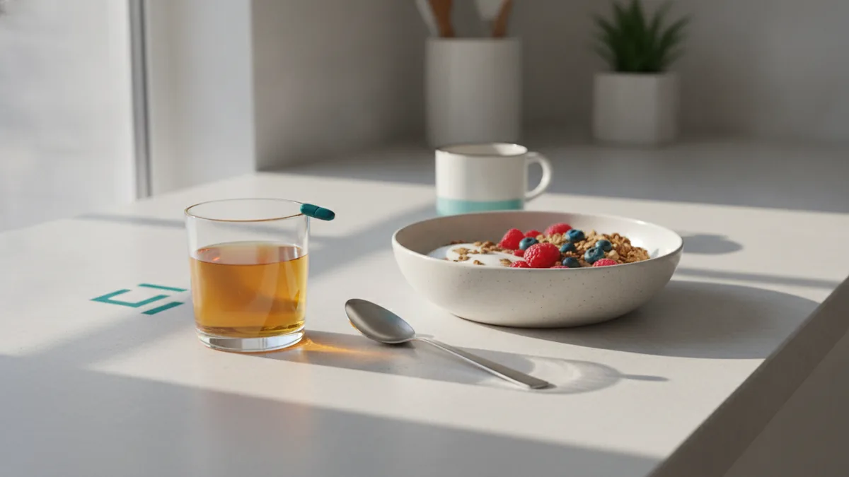 Taking a supplement with a meal in a bright kitchen setting