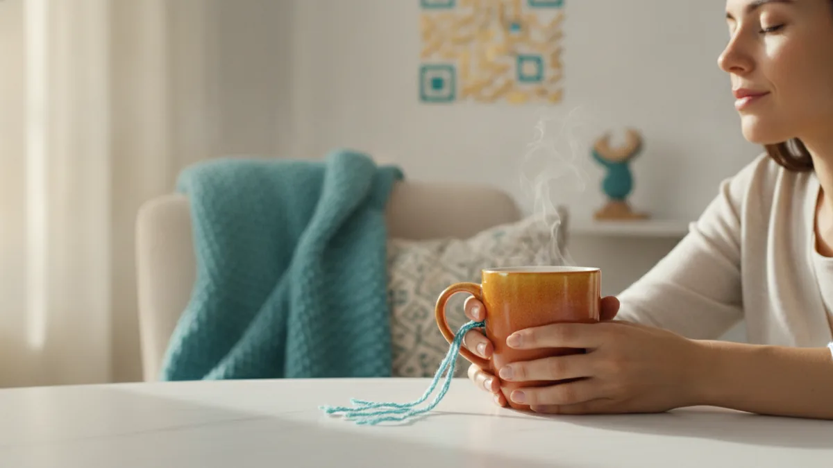 Warm mug and relaxed posture to represent comfort and monitoring for side effects
