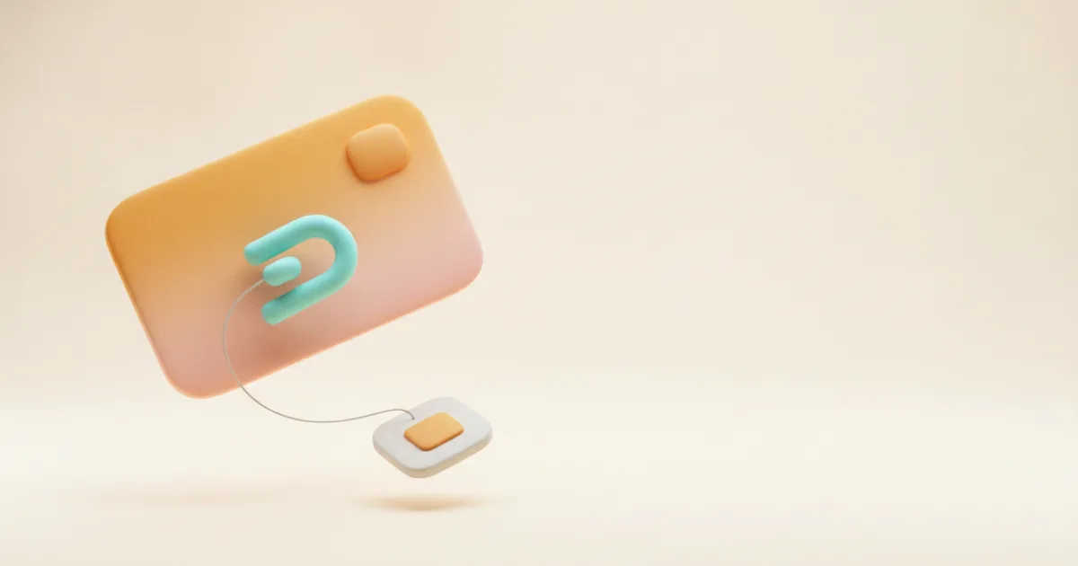 A soft-render payment card linked by a thin line to a small rounded chip on a warm off-white background