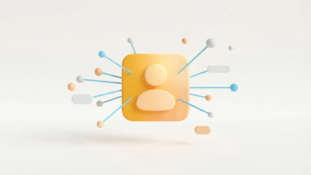 Rounded profile card attracting connected audience nodes with warm geometric shapes