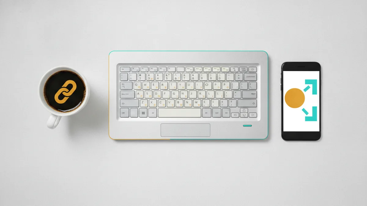 Flat lay with laptop and phone representing clarity and next steps in your Instagram bio.