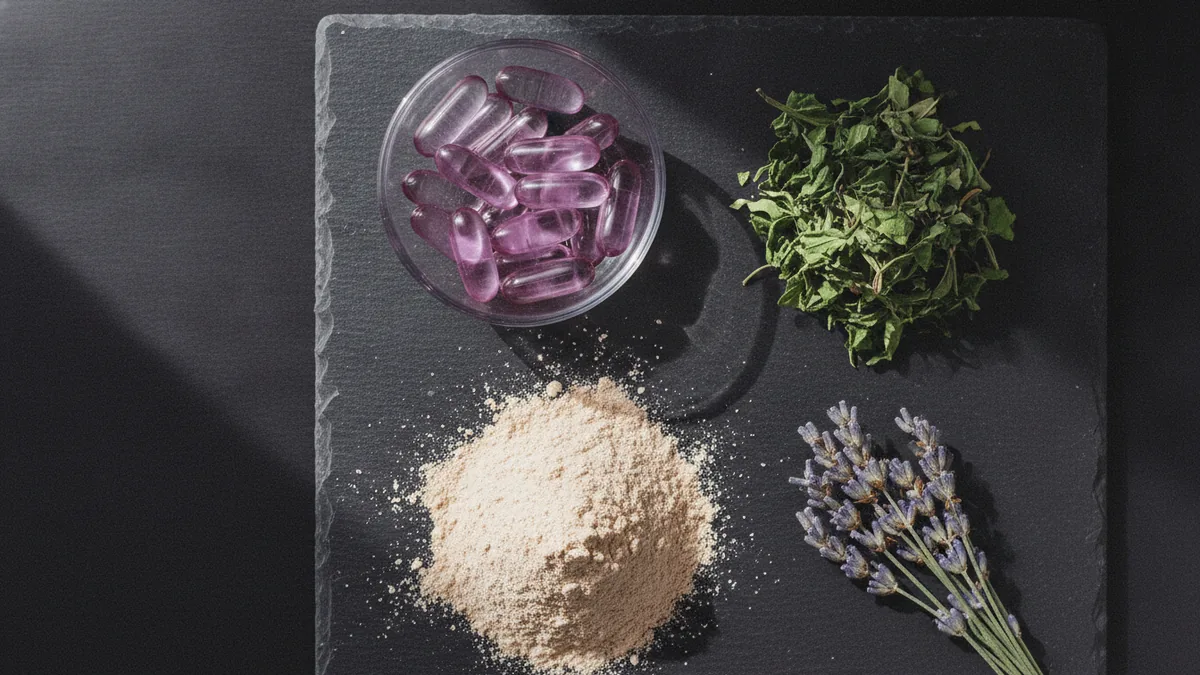 Assortment of supplement ingredients showing capsules, powder, and herbs