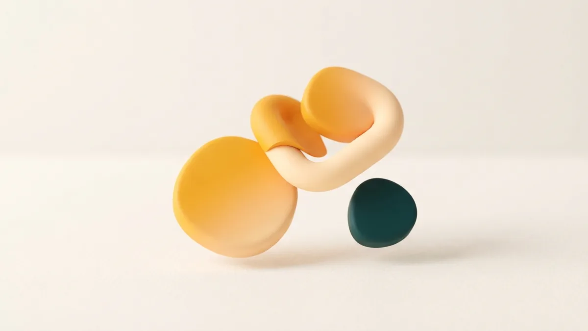 Visual cues for the parts of a bio Rounded abstract chips and a link shape representing the key parts of an effective profile bio
