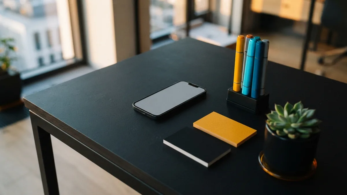 Build an engaging bio example Creative desk setup for planning engaging Instagram bio examples