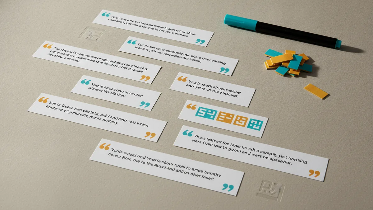 Colorful sticky tabs and blank quote cards for choosing bio quote types