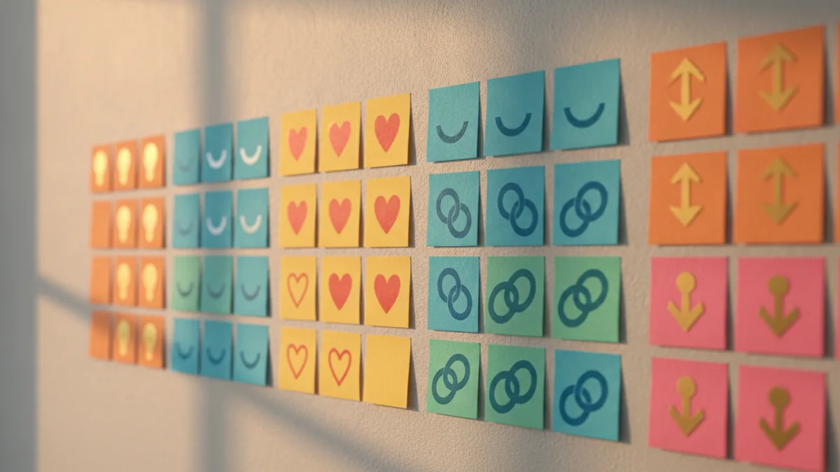 Theme-based quote ideas Themed sticky-note board suggesting motivation and humor categories