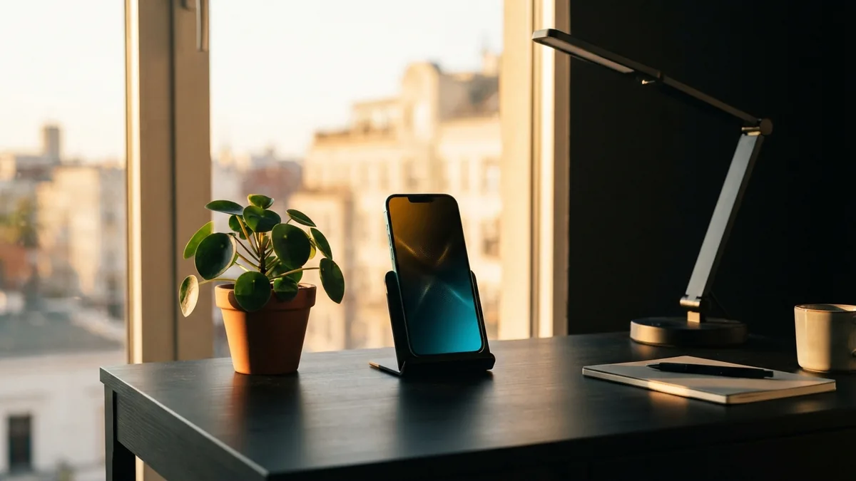 Smartphone beside a plant in a bright workspace for an Instagram profile concept