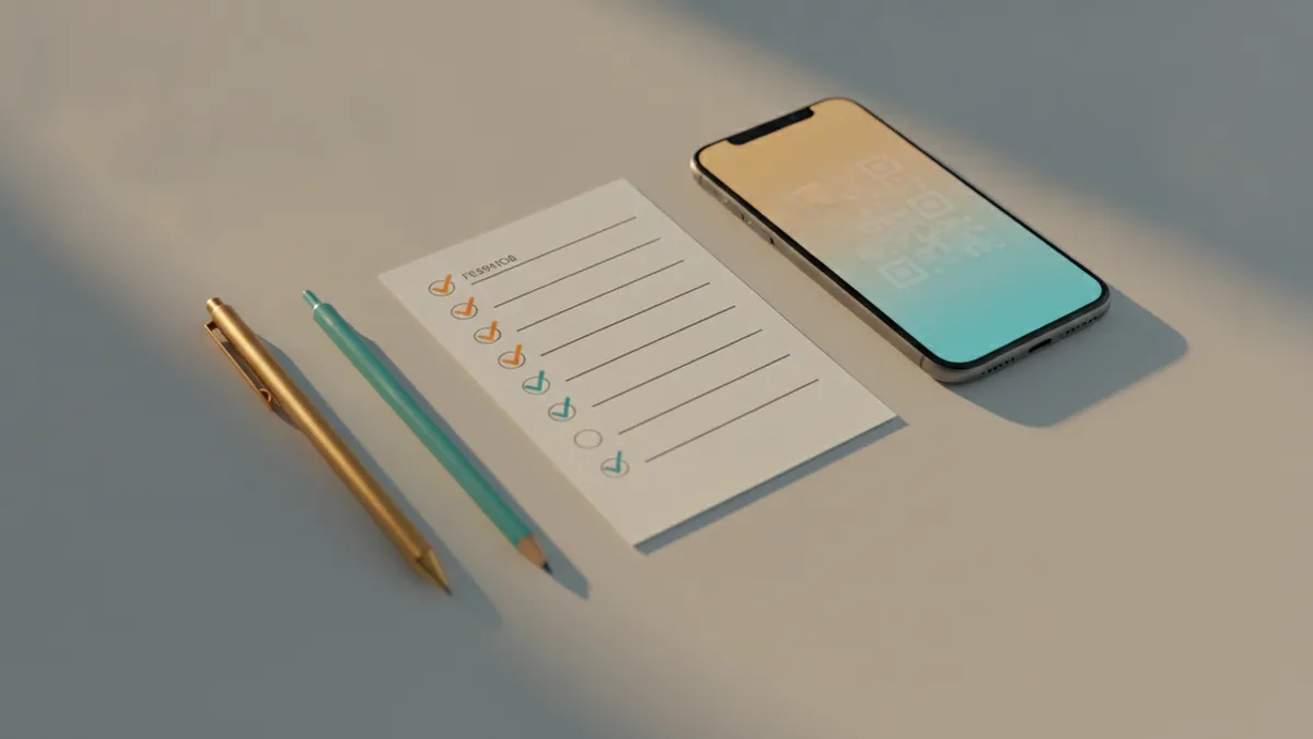 Bio checklist and draft Checklist and writing tools next to a smartphone for bio editing