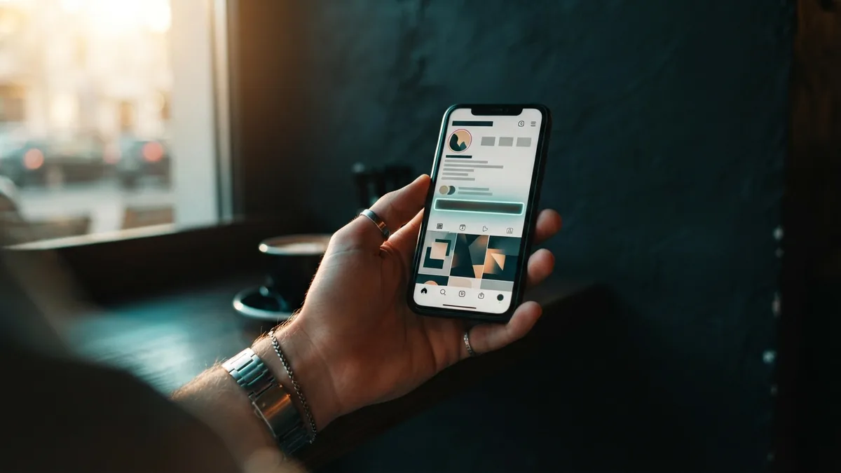 Finding the profile link Hand holding a phone while viewing the link area beneath an Instagram profile bio