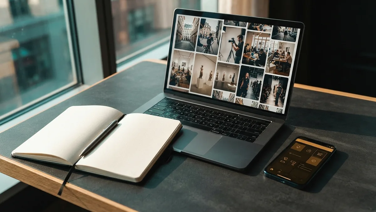 Phone displaying a simple multi-destination landing page beside a website planning notebook