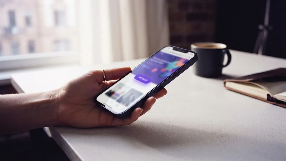 Hand holding a smartphone near a profile page link area with a bright clean layout