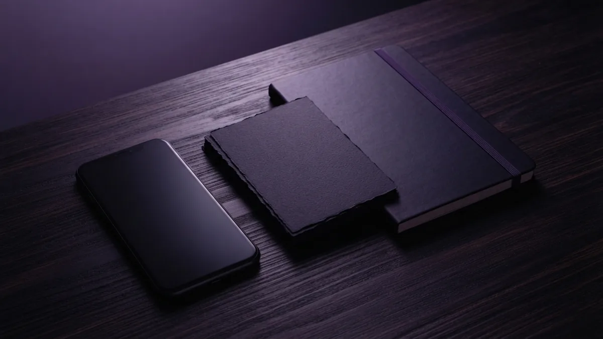 Focused landing page planning scene with a phone, cards, and campaign notes