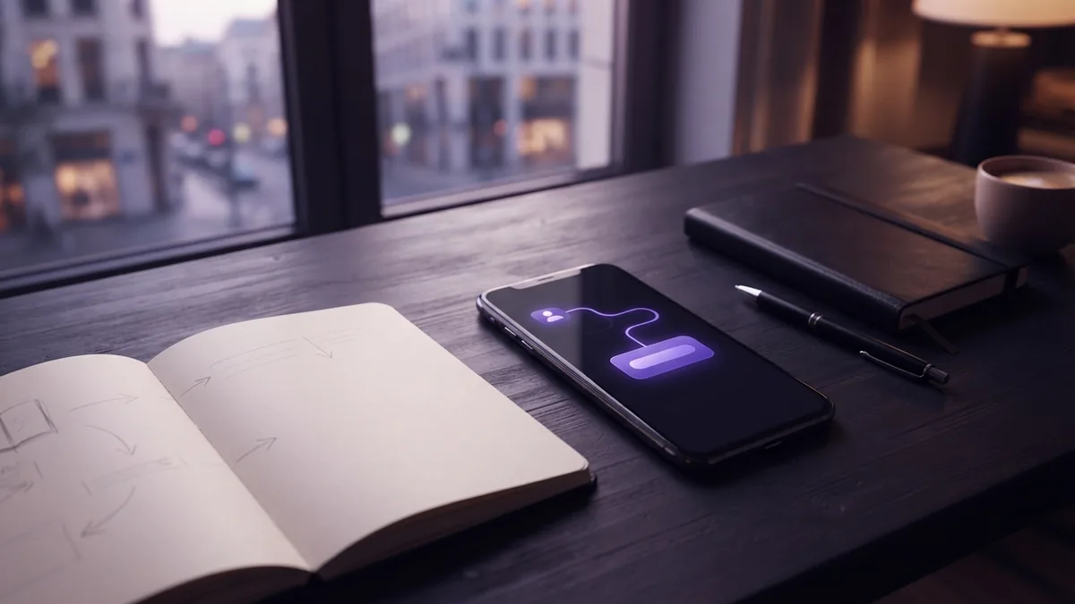 Phone beside a notebook showing a focused path from an Instagram profile to a website