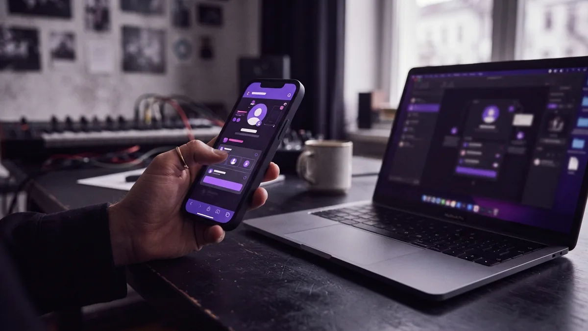 Hand holding a phone near a laptop while an Instagram profile link is being updated